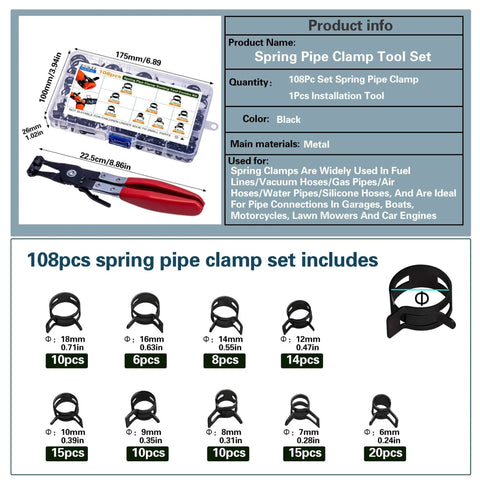 108 Piece Spring Pipe Clamp Set With Tools 9 Sizes From 6 To 18mm For Automotive Marine Gardening And Industrial Hose Interfaces