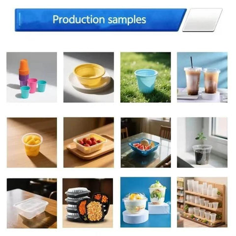 Production samples of cups, lids, and bowls from Automatic Plastic Cup Making Machine With PLC Touch Screen Control Thermoforming System.