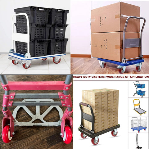 2.5 Inch Caster Wheels Set 4 Heavy Duty Lockable Bearing Plate Casters For Platform Trucks Carts Furniture And Workbenches Up To 220 Lbs 100 Kg Polyurethane Wheels Smooth Quiet Rolling shown on carts loaded with boxes and crates