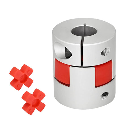 Aluminium D30 L35 flexible shaft coupling with red clamping inserts and two red adapters; side screws visible.
