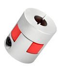 Aluminum plum shaft coupling for 10mm to 14mm shafts with red clamping inserts