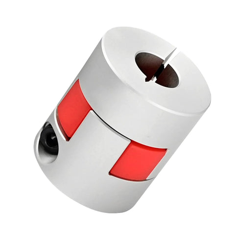 Aluminum plum shaft coupling for 10mm to 14mm shafts with red clamping inserts