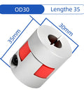 Compact Plum Blossom Shaft Coupling D30 L35 with a 10-14 mm bore and D30xL35 mm size, red polyurethane elastomer, side view.