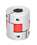 Aluminum shaft coupling, clamp-style with red elastomer insert for 10-14 mm bores, front view