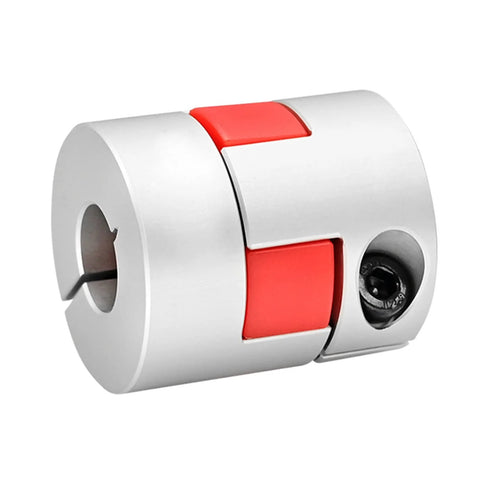 Aluminium two-piece shaft coupling with red inserts, adjustable 10–14 mm bore, clamp style