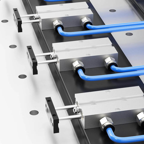 Row of PNEUMATIC 20mm Bore 100mm Stroke Double-Rod Double-Acting Aluminum Pneumatic Air Cylinder TN20-100 with blue hoses