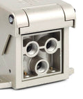 Close-up of 1/4" NPT Latching Pneumatic Foot Operated Pedal Valve Switch 5 Way 2 Position with Protective Shield FOV-N320AC ports