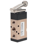 2 Position 5 Way Pneumatic Hand Pull Valve Roller Type Pneumatic Mechanical Valve 1/4" PT Port Aluminum Alloy Pneumatic Switch Valve MV-09 Pneumatic Control Reversing Valve shown from the front with roller lever