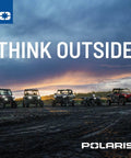 Lineup of Polaris vehicles in outdoor setting at sunset, highlighting GENERAL, RANGER, RZR models under 'Think Outside' text.