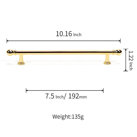 10 Pack Polished Brass Cabinet Pulls 7.5 Inch Hole Center Solid Zinc Alloy Drawer Handles, side view dimensions shown