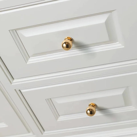Modern 5 Pack Round Polished Brass Kitchen Drawer Knobs Bright Gold Cabinet Pulls on white cupboard