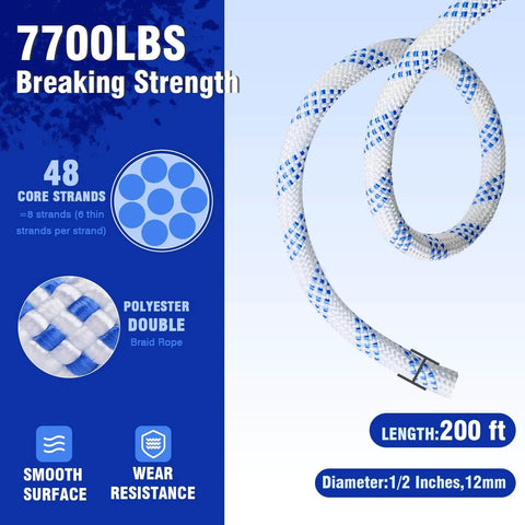 Polyester rope for Double Block and Tackle Pulley System with 200Ft x 1/2'' Rope Pulley 7700 LB Breaking Strength, 4:1 Lifting Power