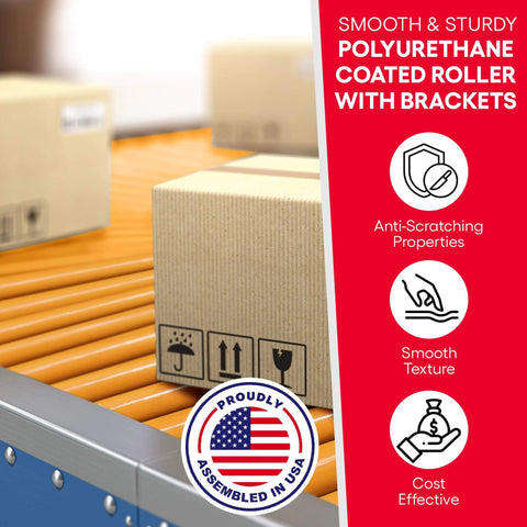 Polyurethane Coated Roller with Bracket on assembly line for smooth material handling and anti-scratching, USA assembled
