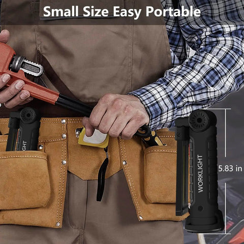 Person with tool belt holding Portable LED Work Light 4 Pack With Magnetic Base And Hanging Hook, 360 Degree Rotation, 5 Modes.