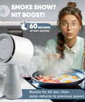 Portable countertop range hood with 5-layer filtration setup beside a frying pan, showing smoke extraction in use.