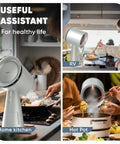 Portable countertop range hood with 5-layer filtration, 3-speed quiet exhaust, and plug‑and‑play setup shown in various kitchen settings.