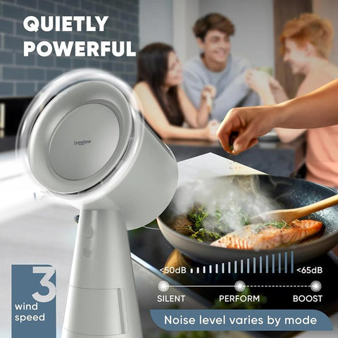 Portable countertop range hood with 5-layer filtration, 3-speed quiet exhaust, and plug‑and‑play setup shown next to a cooking pan.