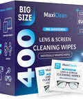 Pre-Moistened Glasses Wipes For Eyewear And Screens Ammonia Free 400 Count with packaging and individual wipes