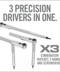 Real Avid Smart-Torq Fixed Limiter & X3 Driver Kit showing three precision combination ratchet, T-handle, and screwdriver tools.