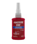 Front view of red 50 mL bottle of Medium Strength Primerless Thread Locker 243 For Metal Threads Blue, ideal for automotive use.