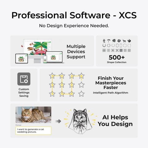 Professional Software XCS interface with AI design assistance and multi-device support.