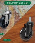 Comparison of two 3-inch caster wheels on different floors. Right wheel features Three Inch Thread Screw In Office Chair Caster Wheels Not Metric M10 Three Eighths Inch Thread With Sixteen Threads Per Inch PU Rubber Scratch Resistant Safe For All Floors Stem Caster Wheels 650 Pound Weight Capacity For Carts And Furniture.