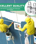 Two workers painting building facade; inset image of 20 Pcs Small Single Pulley Block Wheel Bearing Inside Cable Rollers hanging rope accessories.