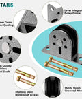 Close-up of Cable Rope Bearing Pulley Wheel, Wall-Mounted Fixed Pulley Weight System in grey with stainless steel frame and screws.