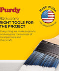 Purdy paintbrush with blue bristles, wooden handle, and 'Made in USA' text on a yellow background.