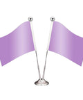 Two small purple table flags with silver bases and poles, simple decorative design for events or celebrations.