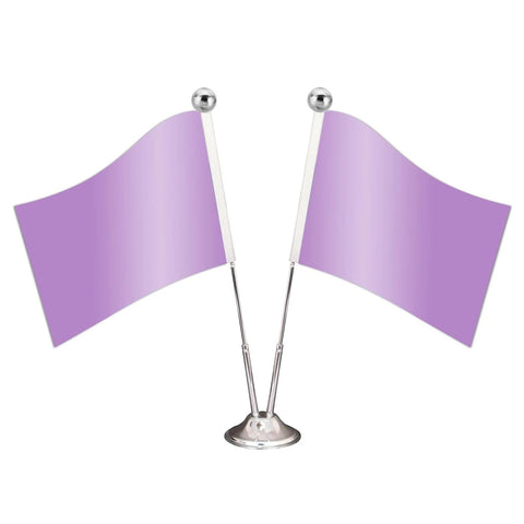 Two small purple table flags with silver bases and poles, simple decorative design for events or celebrations.