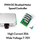 7-70V PWM DC Motor Speed Controller 30A - Low Heat Aluminum Housing for Brushed DC Motors, DIY Projects & Small Electric Devices (Extra Fuse Included) Green, showing controller and circuit board.