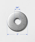 Quarter Inch Fender Washer, 1 Inch Diameter, 304 Stainless Steel, single washer with dimensions shown
