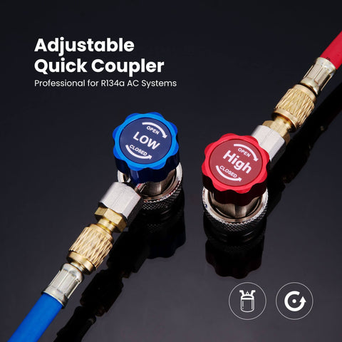 Adjustable R134a Refrigerant Quick Coupler Adapter Kit For HVAC Systems With High And Low Side Connectors shown on black surface.