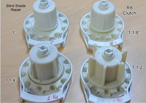 R Series with Bead Stopper (White, R8-1 1/4" Tube) clutches in different sizes on a wooden surface.