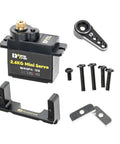 RC Steering Servo with Mount Bracket and Servo Horn for FMS FCX24, shown with screws and aluminum mount bracket.