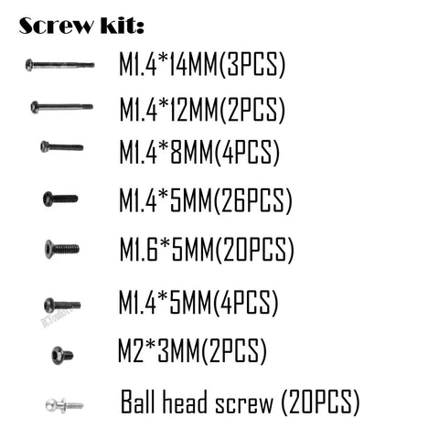 Upgrade Bearings And Screw Kit For 1 24 Micro B 2S 2WD RTR And 1 28 Micro T 2S 2WD RTR displaying assorted screws with sizes listed
