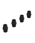 Four ARRMA Ball End, 4x9x12.5mm (4), ARA330583, steel pivot balls for RC cars, showing black color and shape.