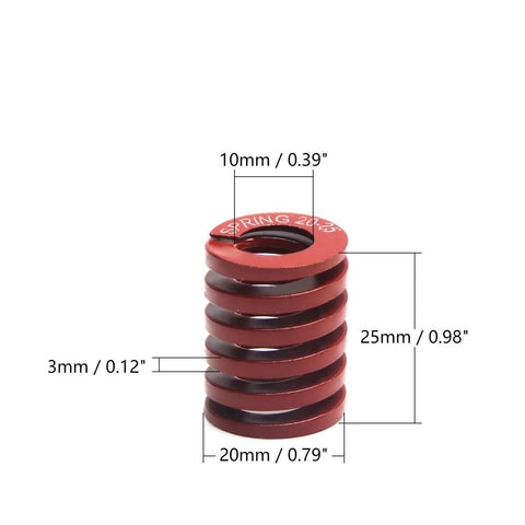 Red 3D printer compression spring with dimensions: 10mm inner diameter, 20mm outer diameter, 25mm length, made from 65Mn steel.