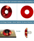 24 Piece M6 18mm Anodized Aluminum Tapered Washer Kit for Widebody Flares with red washers, showcasing edge design.