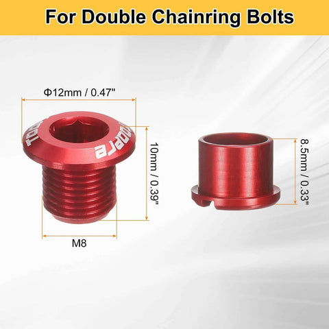Red M8 aluminum bicycle chainring bolts with dimensions, shown separately against a white background, for road and mountain bikes.
