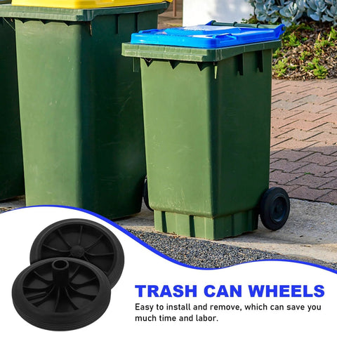 Replacement Trash Can Wheels Set Of 2 For Outdoor Garbage Containers, shown with green bin and close-up of rubber casters