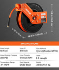 Retractable Air Hose Reel, 3/8 IN x 50 FT Hybrid Air Hose Max 300PSI, with 5 ft Lead in, shown in wall-mountable steel frame.