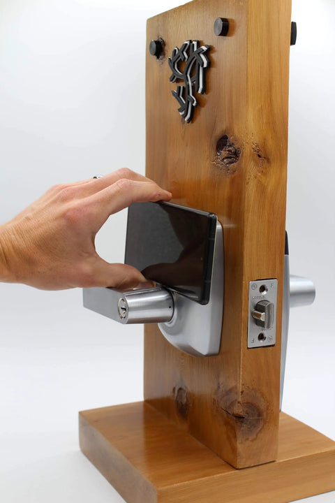 RFID Commercial Lever Door Lock With App Access Control And Includes 2 NFC Keycards Left Hand shown with phone unlocking
