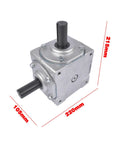 Front view of a Beefy 40 HP Right Angle Bevel Gearbox With 2 Keyed Shafts 1 To 1 Cast Iron, dimensions marked in millimeters.