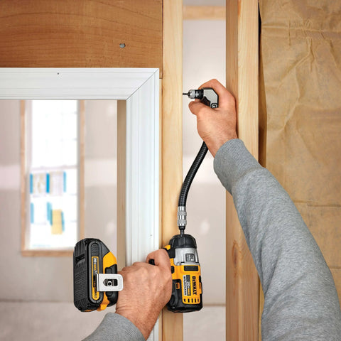 Person using Right Angle Drill Attachment With 12 Inch Flexible Shaft For Tight Spaces 90 Degree Head Rapid Load Magnetic Bit Change