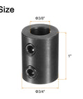 Rigid shaft coupling with a 3/8 inch bore, 3/4 inch outer diameter, and 1 inch length with two set screws shown in black finish