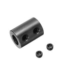 Rigid shaft coupling with a 3/8 inch bore, 3/4 inch outer diameter, and 1 inch length uses two set screws for secure shaft linkage.
