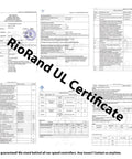 RioRand UL Certificate with text overlay, multiple document pages displaying certification details and data tables.
