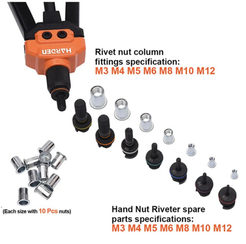 16 Inch Rivet Nut Tool Kit With 7 Interchangeable Mandrels M3 To M12 And 70 Rivet Nuts Shown With Mandrels and Fittings
